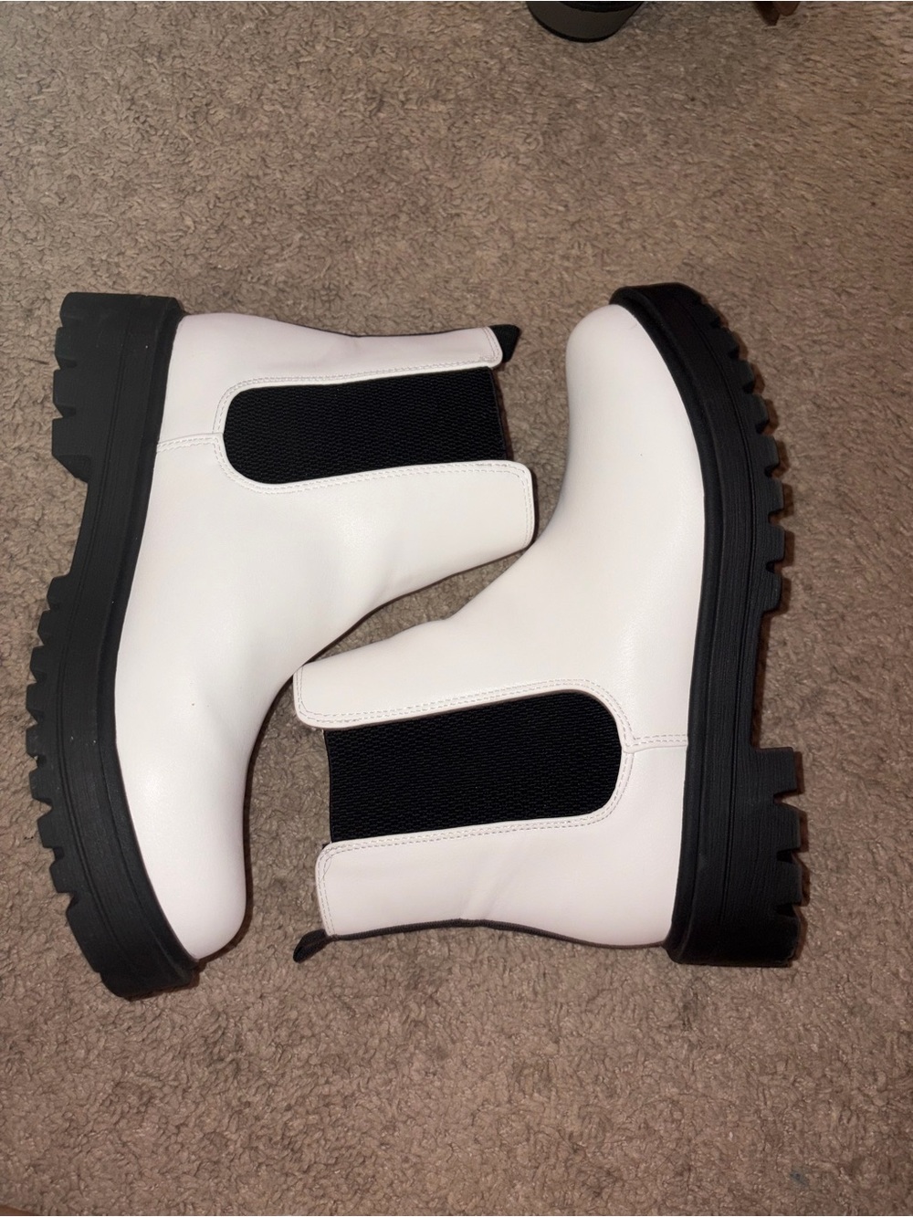 Women’s White Chelsea Lug Sole Ankle Boots with Black Elastic